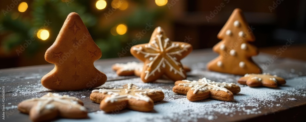 Delicate star and tree-shaped gingerbread cookies on a rustic wooden table, kitchen, gingerbread, Christmas tree Delicate star and tree-shaped gingerbread cookies on a rustic wooden table, kitchen, gingerbread, Christmas tree