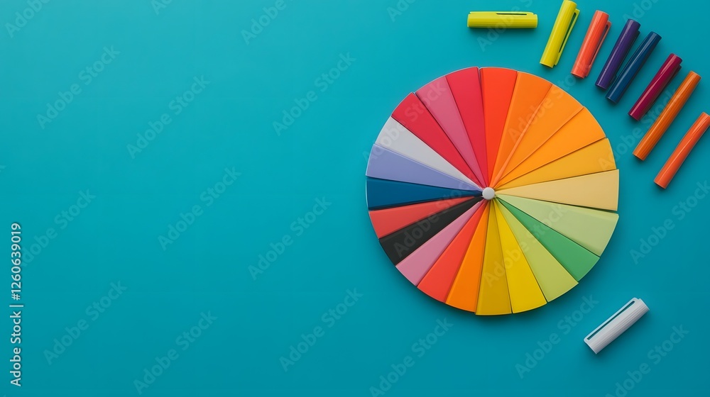 Obraz premium Vibrant Spin Wheel on Desk with Colorful Markers and Notepads for Brainstorming and Decision-Making