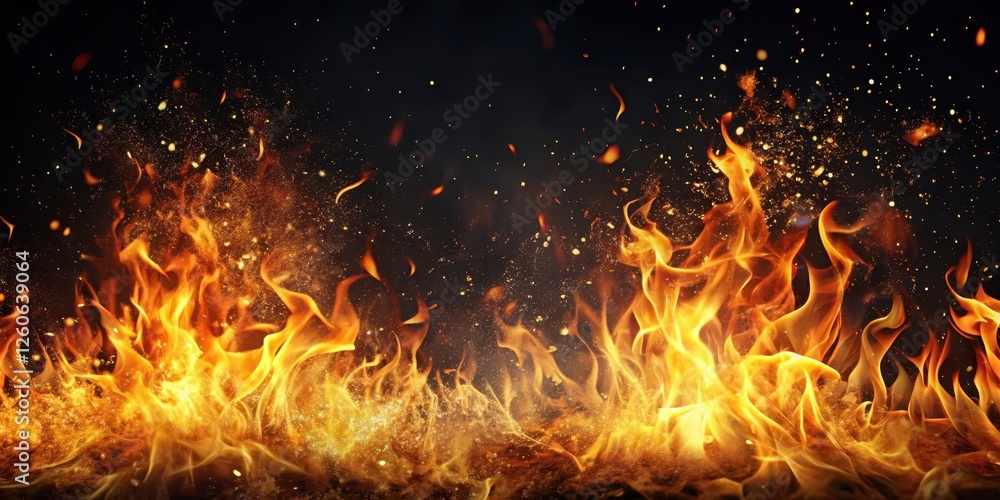 Fiery Flame with Sparks on Black Background, flames, ignites, flames, ignites, combustion, ash, blazing, incendiary,fire, blaze Fiery Flame with Sparks on Black Background, flames, ignites, flames, ignites, combustion, ash, blazing, incendiary,fire, blaze