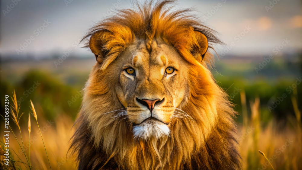 Majestic lion with regal gaze, showcasing its dominance in wild Majestic lion with regal gaze, showcasing its dominance in wild