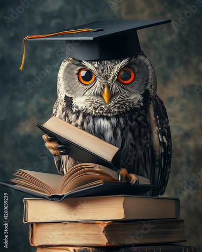 Wallpaper Mural Wise owl wearing graduation cap reading books on stack of books Torontodigital.ca