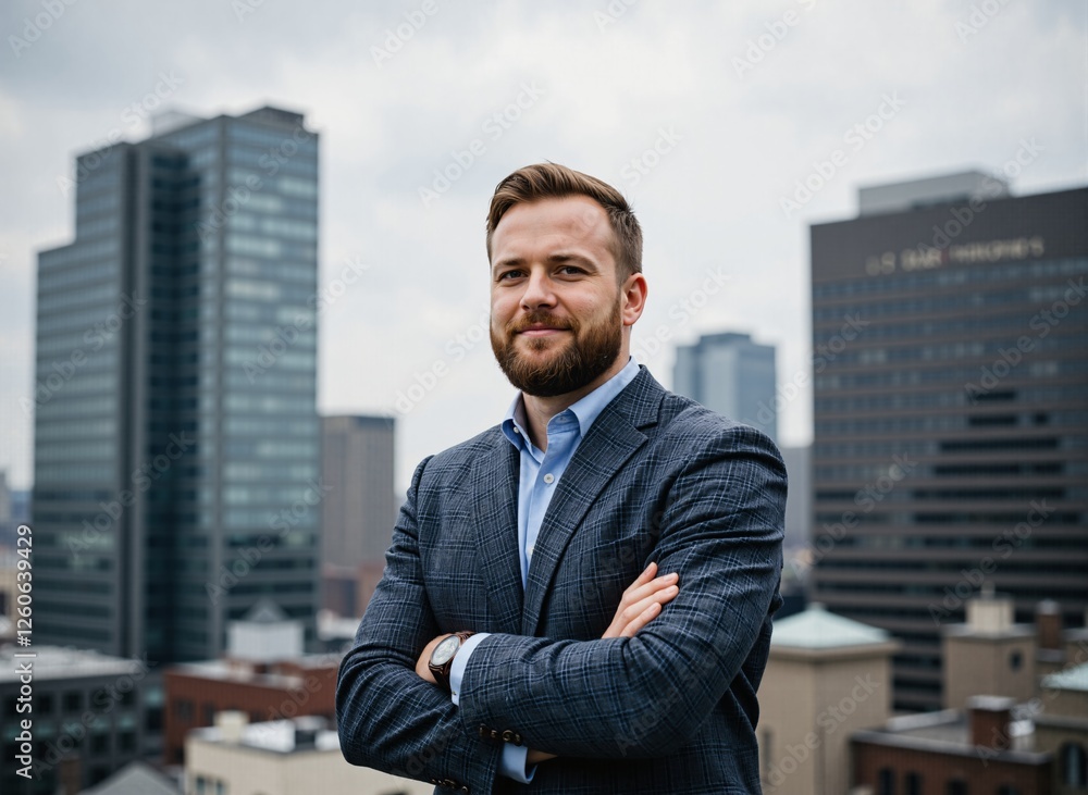 A entrepreneur standing in front of a city skyline, looking out at the camera with a sense of determination. A entrepreneur standing in front of a city skyline, looking out at the camera with a sense of determination.