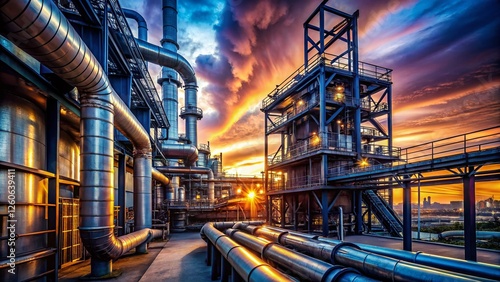 Dusk Industrial Plant: Interconnected Pipes and Infrastructure - Night Photography Stock Photo
