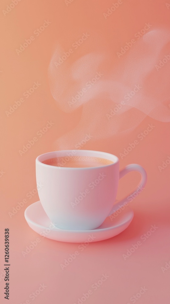A delicate porcelain cup filled with steaming hot coffee rests on a matching saucer. Soft pastel hues enhance the inviting atmosphere, perfect for a moment of relaxation and warmth A delicate porcelain cup filled with steaming hot coffee rests on a matching saucer. Soft pastel hues enhance the inviting atmosphere, perfect for a moment of relaxation and warmth