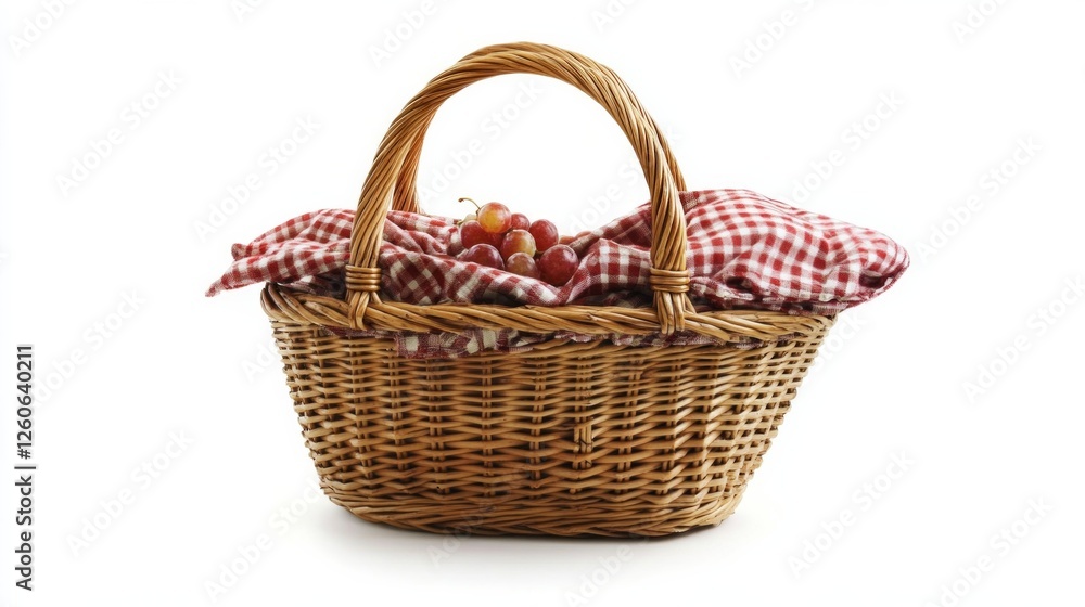 A basket of fruit is sitting on a checkered blanket A basket of fruit is sitting on a checkered blanket