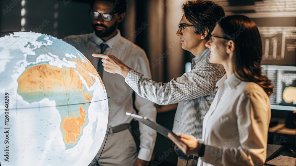 Obraz premium A team of data scientists analyzing a floating holographic globe with realtime geographic data overlays while discussing implications for global strategy.