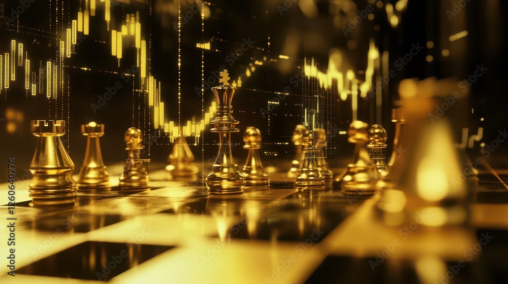 Goldplated chessboard with rising financial charts, strategic investment planning Goldplated chessboard with rising financial charts, strategic investment planning