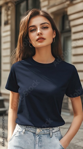 Free Download A woman wearing navy color t shirt mockup; with earring; on the street; front view - GFXLoad