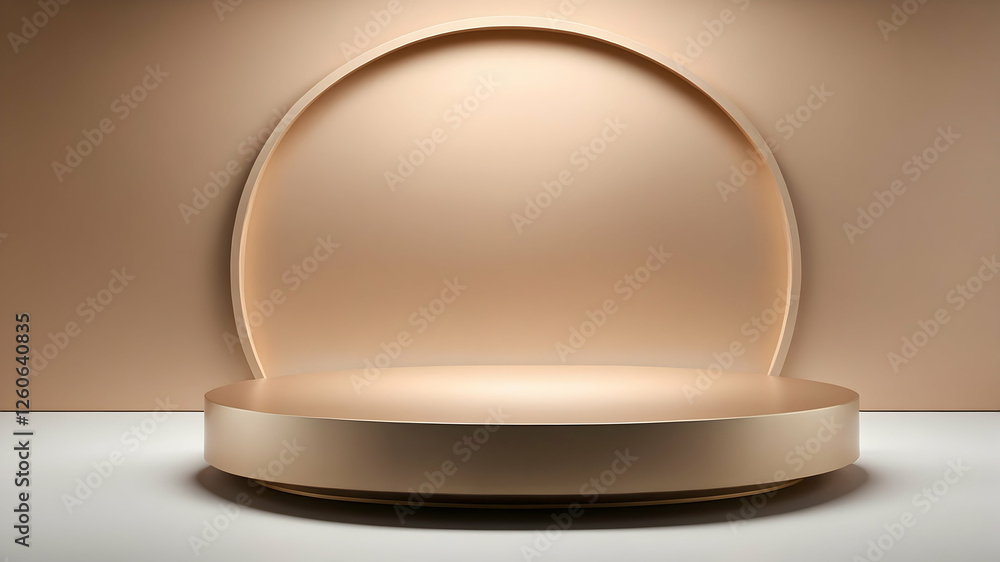 Warm toned circular podium with elegant curved backdrop Warm toned circular podium with elegant curved backdrop
