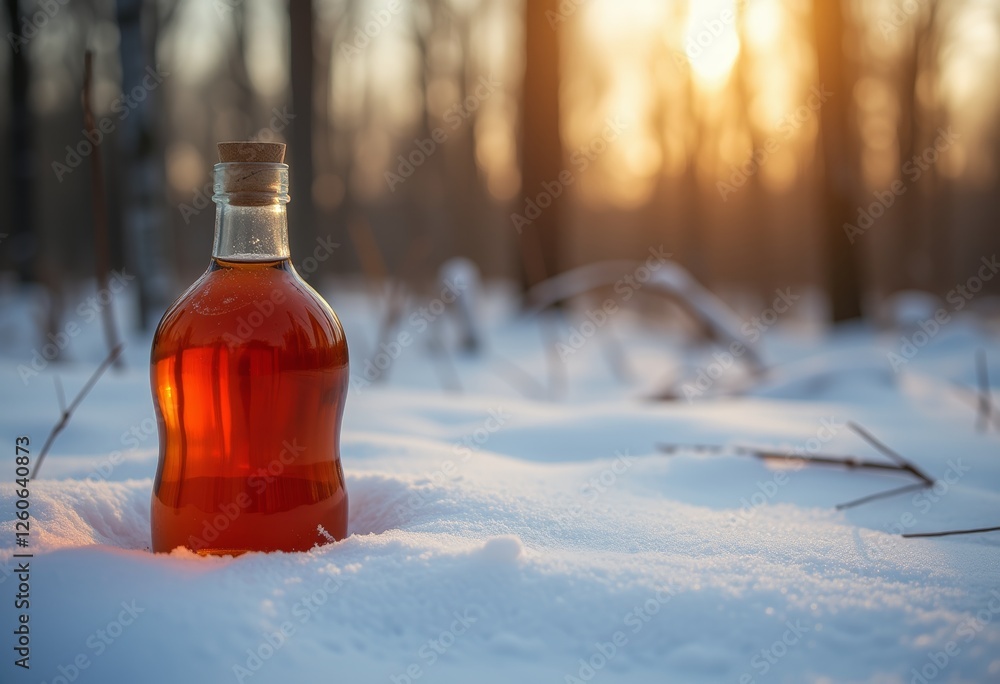 A bottle of maple syrup placed on a snowy forest floor with sunlight streaming through the trees A bottle of maple syrup placed on a snowy forest floor with sunlight streaming through the trees