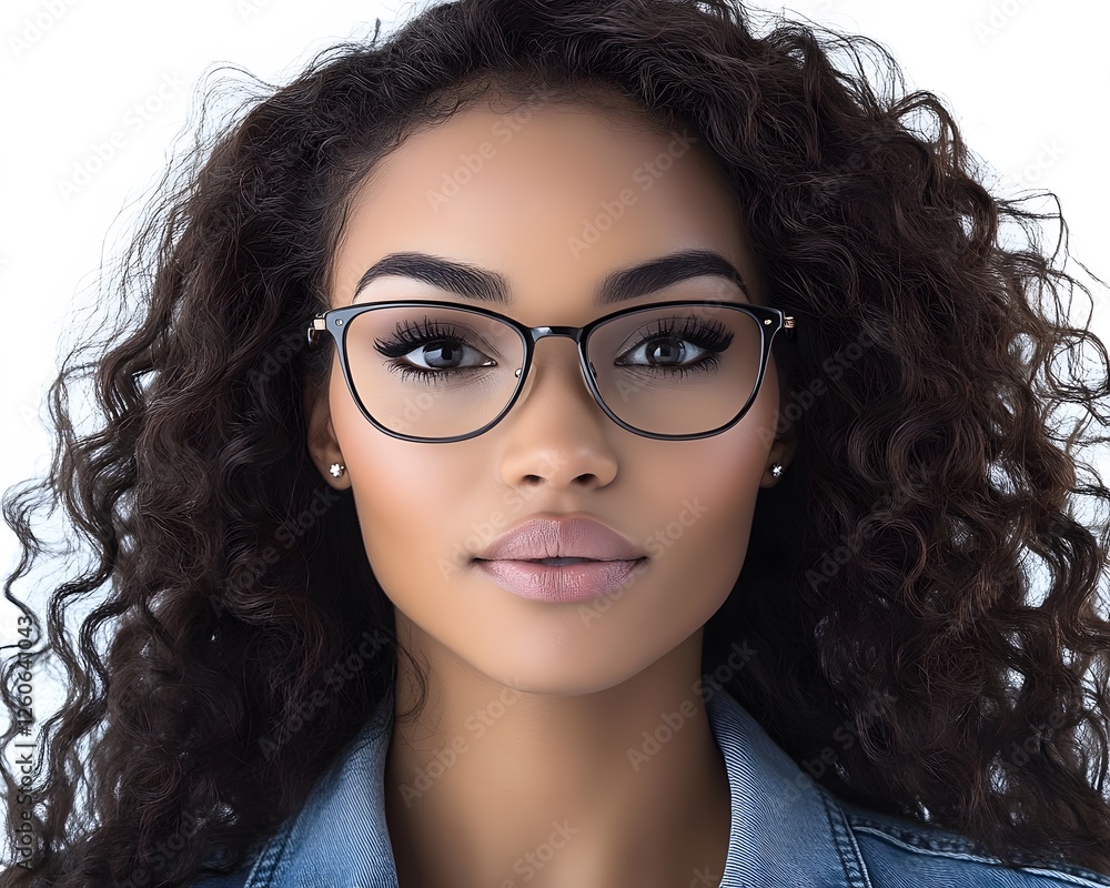 Obraz premium Portrait of a Beautiful Black Woman with Curly Hair Wearing Glasses