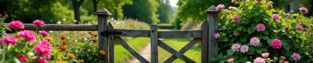 Freshly bloomed flowers adorn a rustic wooden gate, garden, garden gate, countryside scenery Freshly bloomed flowers adorn a rustic wooden gate, garden, garden gate, countryside scenery