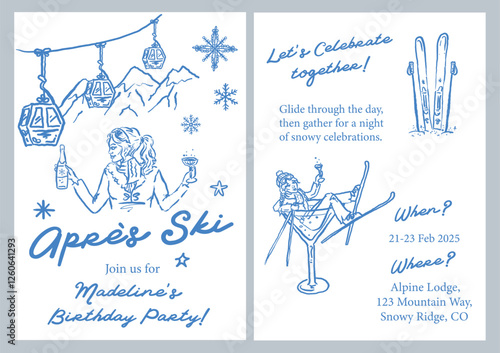 Après-ski - Whimsical hand drawn illustration set, vector collection