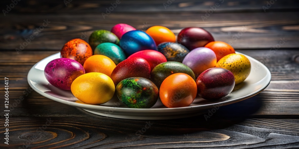 Easter Eggs on Black Wood: Colorful Boiled Eggs on White Plate Easter Eggs on Black Wood: Colorful Boiled Eggs on White Plate