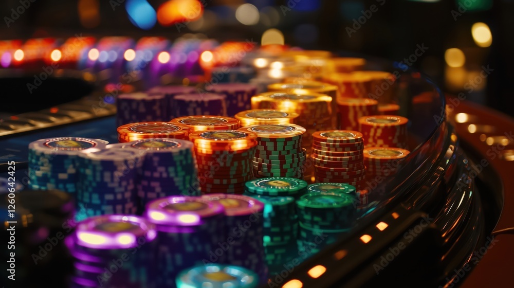 Obraz premium Casino chips stacked high on roulette table illuminating gambling excitement