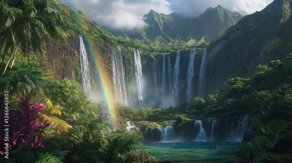 Naklejka premium Lush tropical valley waterfall rainbow scenic background travel