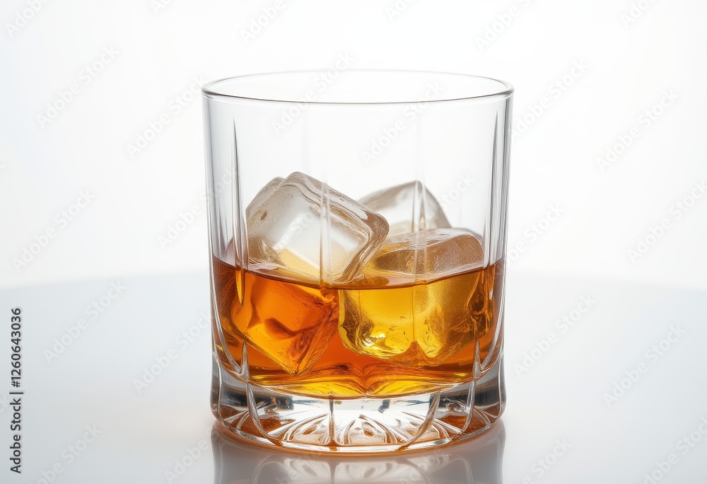 Crystal glass filled with amber whiskey and ice cubes set against a sleek marble backdrop perfect for sophisticated drink photography Crystal glass filled with amber whiskey and ice cubes set against a sleek marble backdrop perfect for sophisticated drink photography