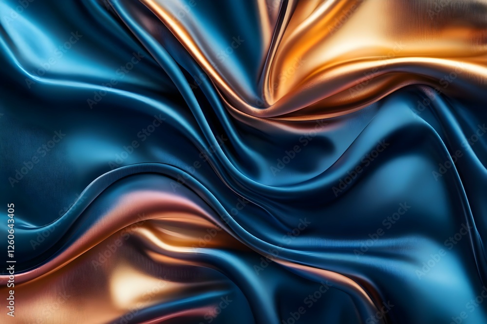 Fototapeta premium A close-up of flowing satin fabric showcasing a mix of rich blue and gold colors with subtle sheen and folds. Concept Satin Fabric Close-Up, Rich Blue and Gold, Subtle Sheen, Flowing Texture
