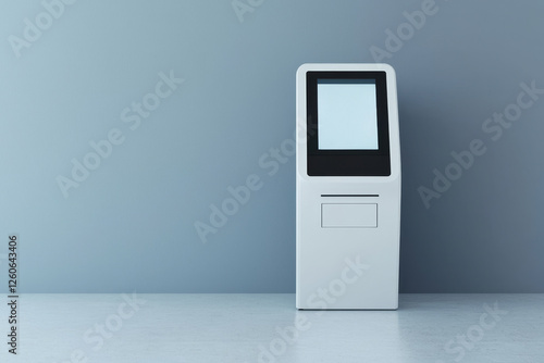 Modern self service kiosk shows blank screen for advertisement, waiting user photo