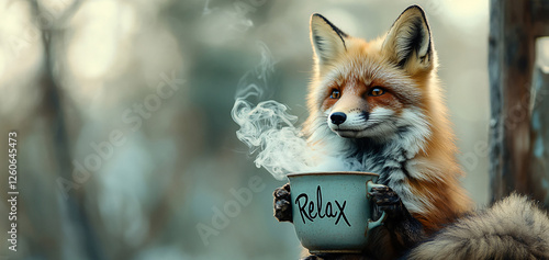 Fox holding a steaming cup labeled “Relax” and sitting in a forest with warm natural light and a peaceful atmosphere photo