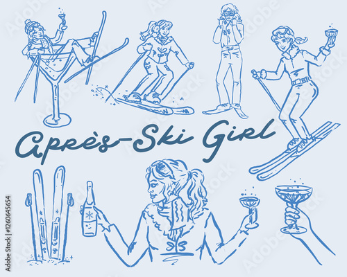 Après-ski - Whimsical hand drawn illustration set, vector collection