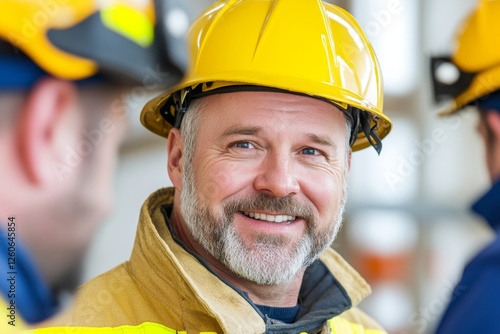 A fire chief instructing a team of firefighters before a rescue operation photo