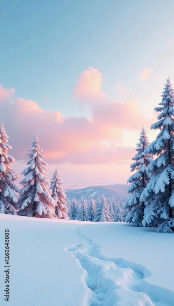 Snow covered ground with frosty trees against a serene pastel sky, landscape, peaceful, snow Snow covered ground with frosty trees against a serene pastel sky, landscape, peaceful, snow