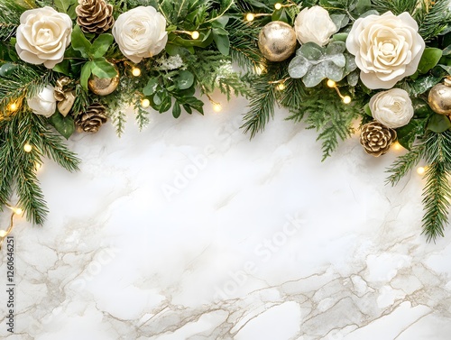 Elegant Christmas Border with White Roses, Pine Cones, and Gold Ornaments