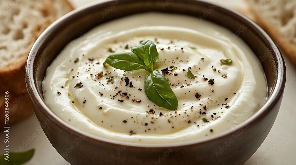 Creamy dip with basil, pepper, bread; healthy snack