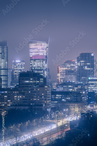 Night cityscape of the capital city of Warsaw.
