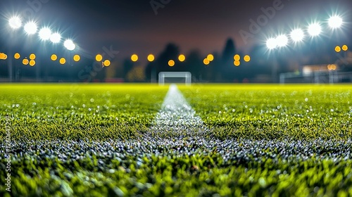 Night Soccer Game: Stadium Field, Goal, Grass, Lights.  A dramatic image of a soccer field at night, illuminated by bright stadium lights, with the goal and field lines in sharp focus.