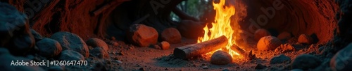The first flames rise from a primitive shelter, fire pit, primitive