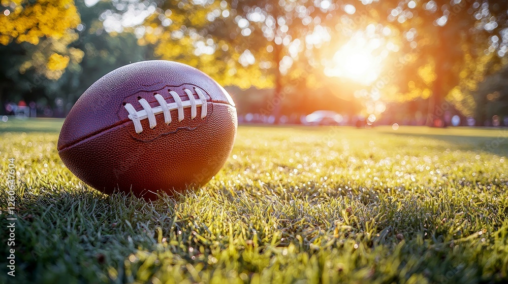American Football on a Sunny Autumn Field: A Close-Up View of a Gridiron Ball in a Lush Green Park American Football on a Sunny Autumn Field: A Close-Up View of a Gridiron Ball in a Lush Green Park