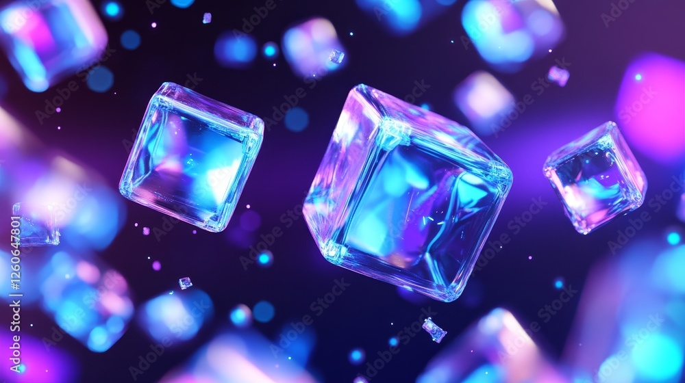 Abstract Floating Crystals in Neon Light - Five concepts: energy, vibrancy, coolness, mystery, and art. Glowing neon cubes float in dark space Abstract Floating Crystals in Neon Light - Five concepts: energy, vibrancy, coolness, mystery, and art. Glowing neon cubes float in dark space