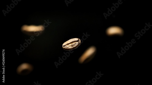 Coffee beans in mid-air against black background.  Possible use Stock photo for coffee or food product advertisement photo