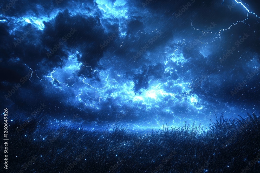 A dramatic thunderstorm rages over a field, with vibrant lightning illuminating the dark, rainy night. A dramatic thunderstorm rages over a field, with vibrant lightning illuminating the dark, rainy night.