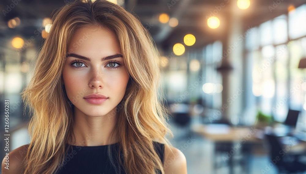 Portrait Of  Woman With Long Curly Blonde Hair In Office