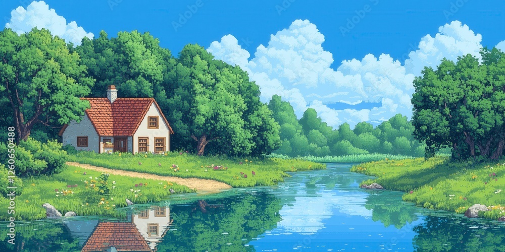 Pixel Art Serene Countryside Landscape with House and Reflection in Calm Water Pixel Art Serene Countryside Landscape with House and Reflection in Calm Water