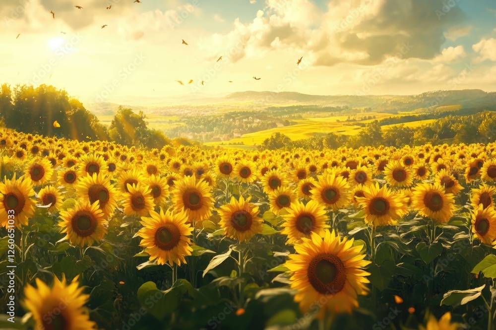 Fototapeta premium Vast sunflower field at sunset, birds flying overhead, idyllic rural landscape.