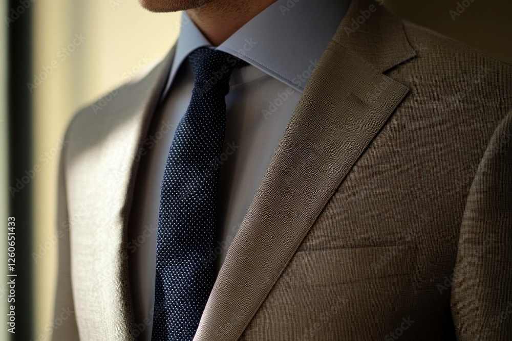 Elegant male formal attire featuring a light beige suit and a patterned navy tie, suitable for business or special occasions
