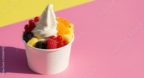 Delicious frozen yogurt with fresh berries and tropical fruits on a colorful background