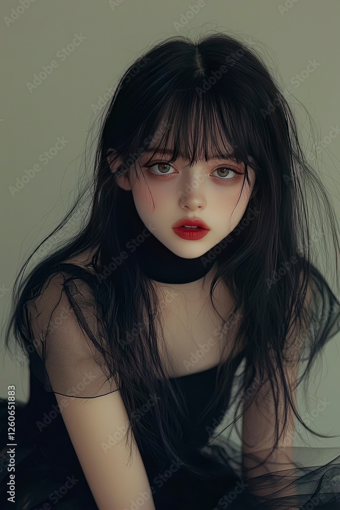 Fototapeta premium Portrait of a Young Woman with Long Black Hair and Red Lips
