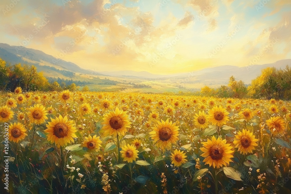 Obraz premium A breathtaking sunset illuminates a vast sunflower field, nestled in a picturesque valley.