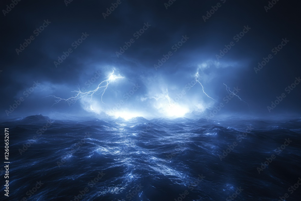 Fototapeta premium A stormy ocean scene at night with multiple lightning strikes illuminating the dark waves.