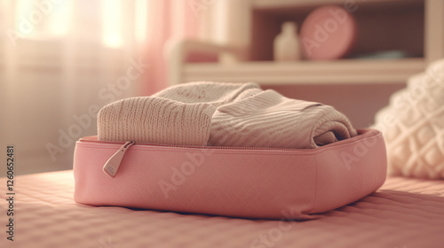 A stylish pink pouch made of soft fabric, slightly open to reveal neatly folded socks and a shirt inside. The scene is well-lit with a soft, warm ambiance, emphasizing the textures and colors.  photo