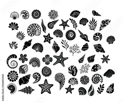  Different types of  underwater seashells marine aquatic ocean summer decorative, funky elements set. sea shells, plants shapes and forms vector illustration 