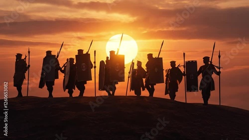 Silhouettes of medieval soldiers Roman legionnaires marching golden-red sunset sky, shields spears light, attract history lovers and filmmakers needing historical footage, 4k High-Quality Animation