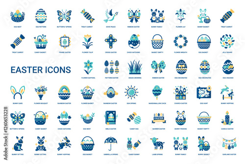 easter holiday set flat icons, egg nest ribbon bunny family flower lily butterfly spring treat carrot dove peace