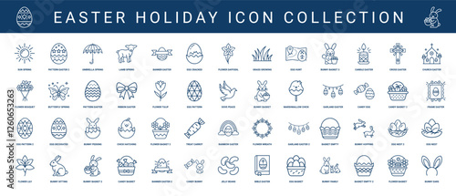 easter holiday line icons, lamb egg bunny candle cross church butterfly dove marshmallow candy basket bible ears