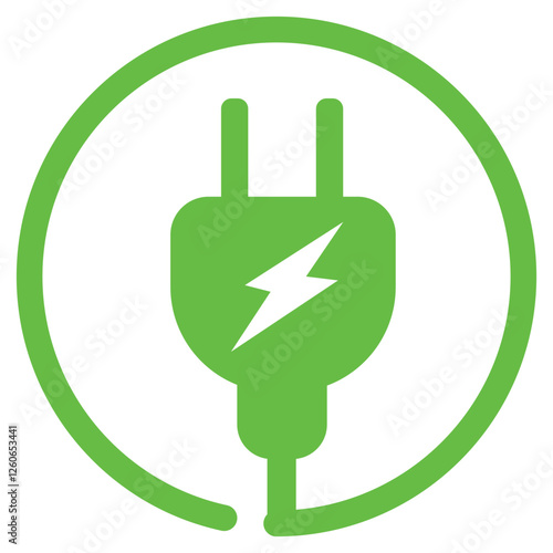 Electric car with E plug green icon. Eco friendly vehicle concept symbol. Hybrid vehicles charging point logotype. Vector illustration